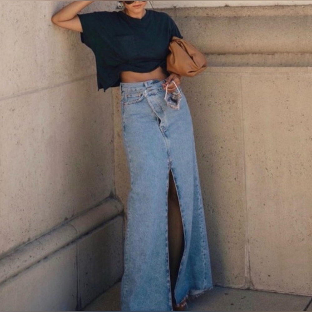 Zara Light Blue Denim Maxi Skirt with Front Slit